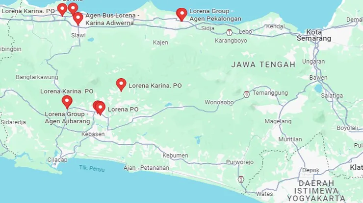 Lokasi Agen Bus PO Lorena Jawa Tengah